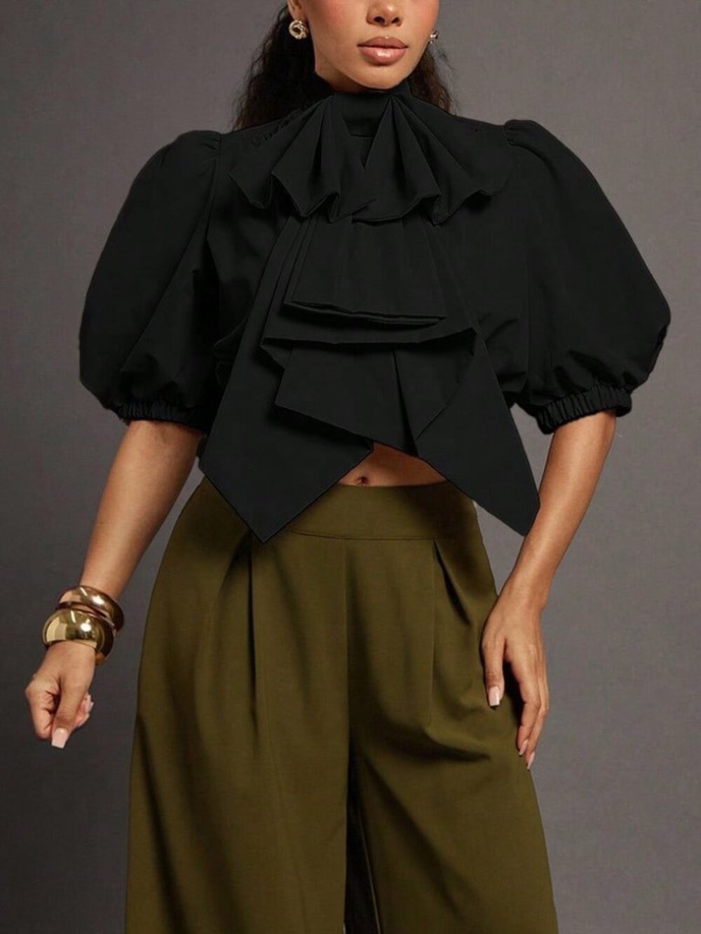 Black Elegant Women's Exaggerated Bow Puff Sleeve Zip Up Woven Top